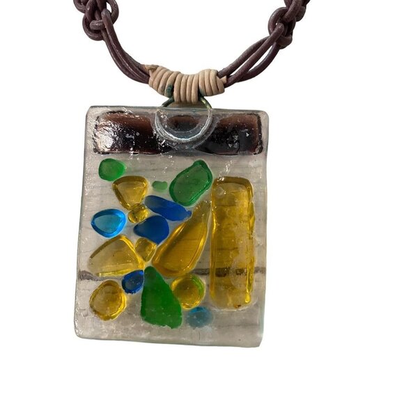 Art Glass Pendant Statement Necklace Mulitcolor 14" Toggle Clasp 2.2"h - Picture 14 of 16